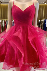 V Neck Short Burgundy Semi Formal Prom Dresses, Short Burgundy Formal Homecoming Graduation Dresses